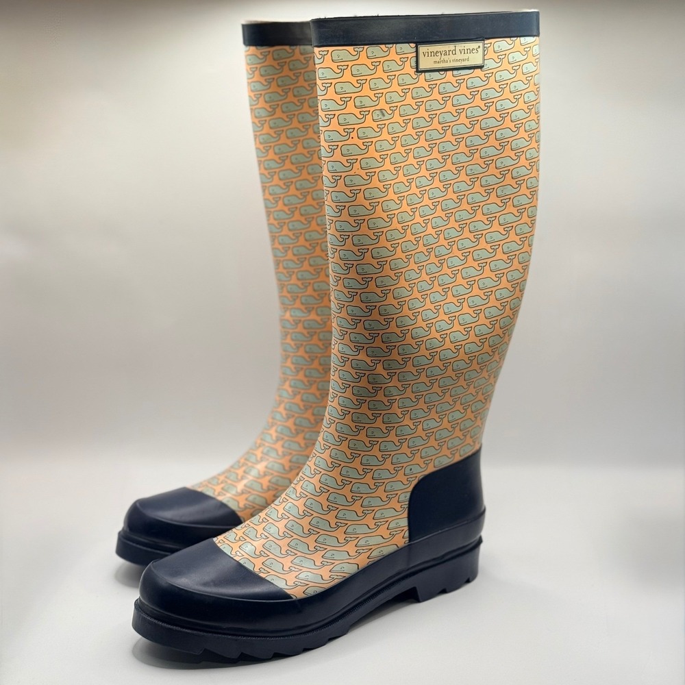 Vineyard Vines Womens Whale Print Rain Boots Navy Blue Orange Rubber Tall Size 5